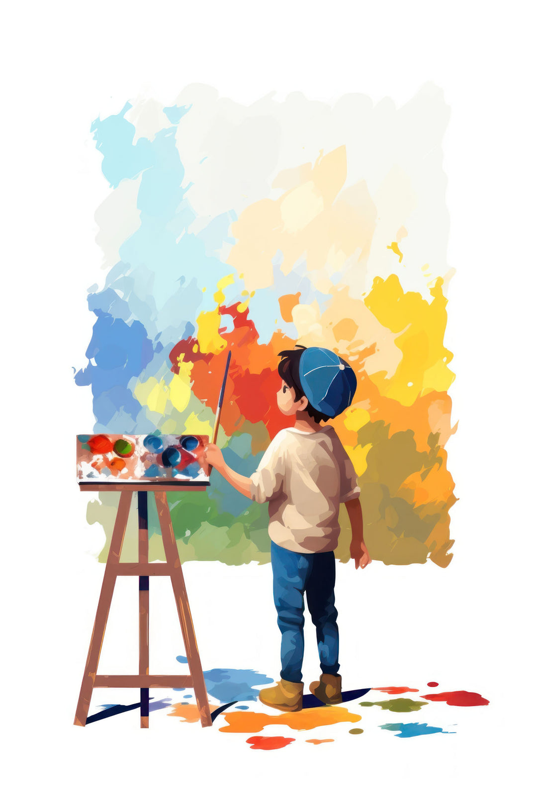 Wadi Home abstract art print featuring a child painting with vibrant blues, yellows, and reds. Evokes imagination and creativity.