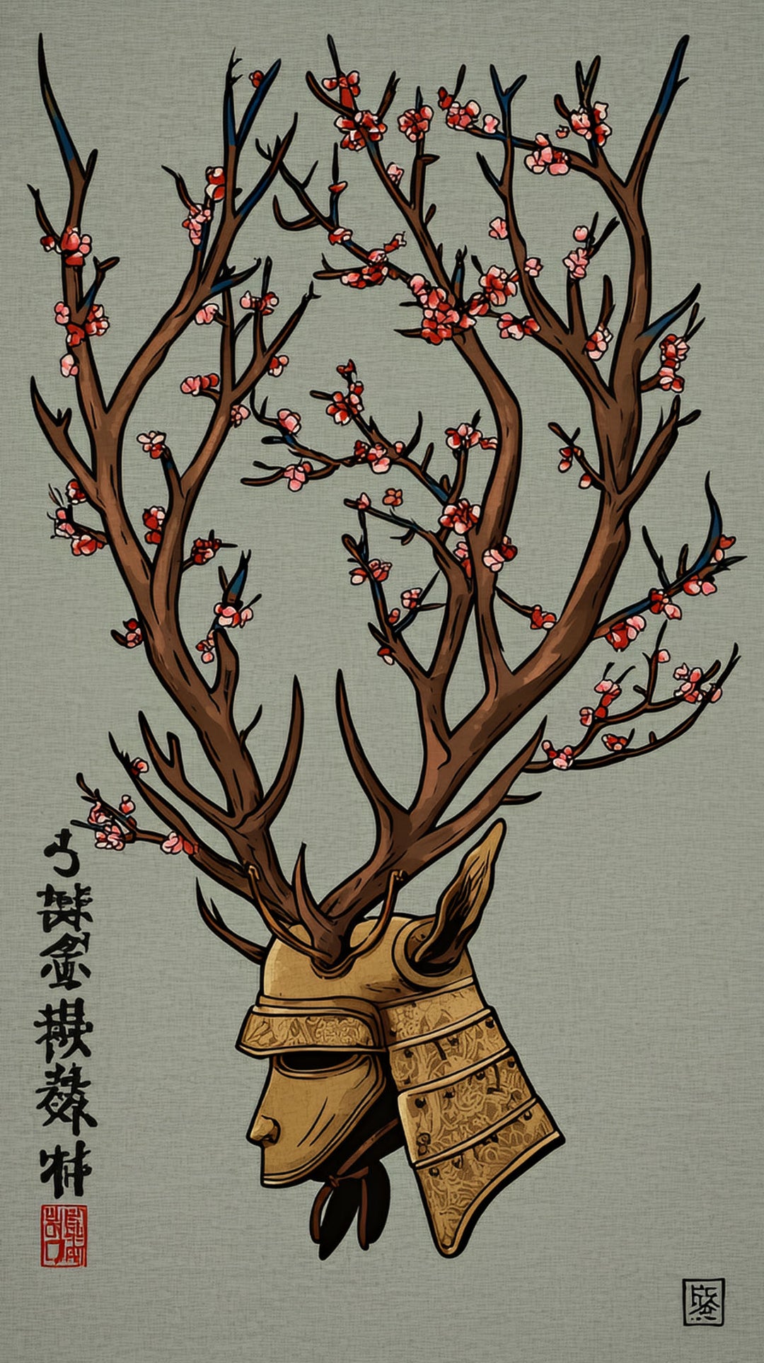 Wadi Home Samurai Deer Wall Art featuring a deer with samurai helmet and cherry blossoms, in muted earthy tones with red accents.