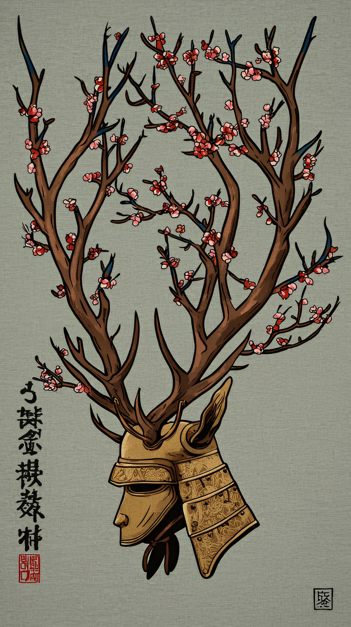 Wadi Home Samurai Deer Wall Art featuring a deer with samurai helmet and cherry blossoms, in muted earthy tones with red accents.