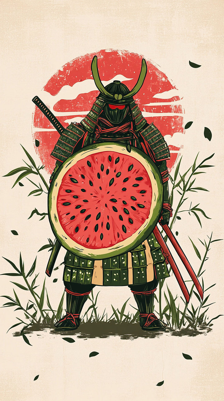 Wadi Home art print of a samurai warrior in green armor holding a watermelon slice shield, with bamboo and a red sun.