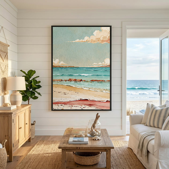 Wadi Home coastal landscape watercolor art featuring a serene beach scene with gentle waves and soft blue sky.