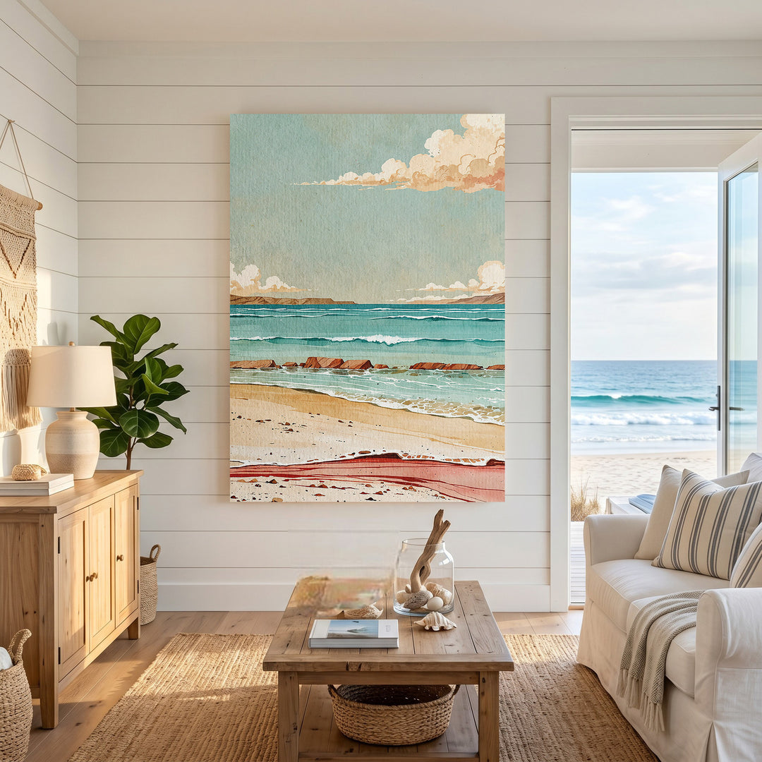 Wadi Home coastal landscape watercolor art depicting a serene beach scene with gentle waves, sandy shores, and soft clouds in a blue sky.