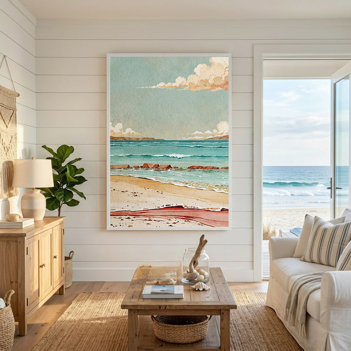 Wadi Home coastal landscape watercolor art featuring a serene beach scene with turquoise waves, sandy shore, and soft clouds.