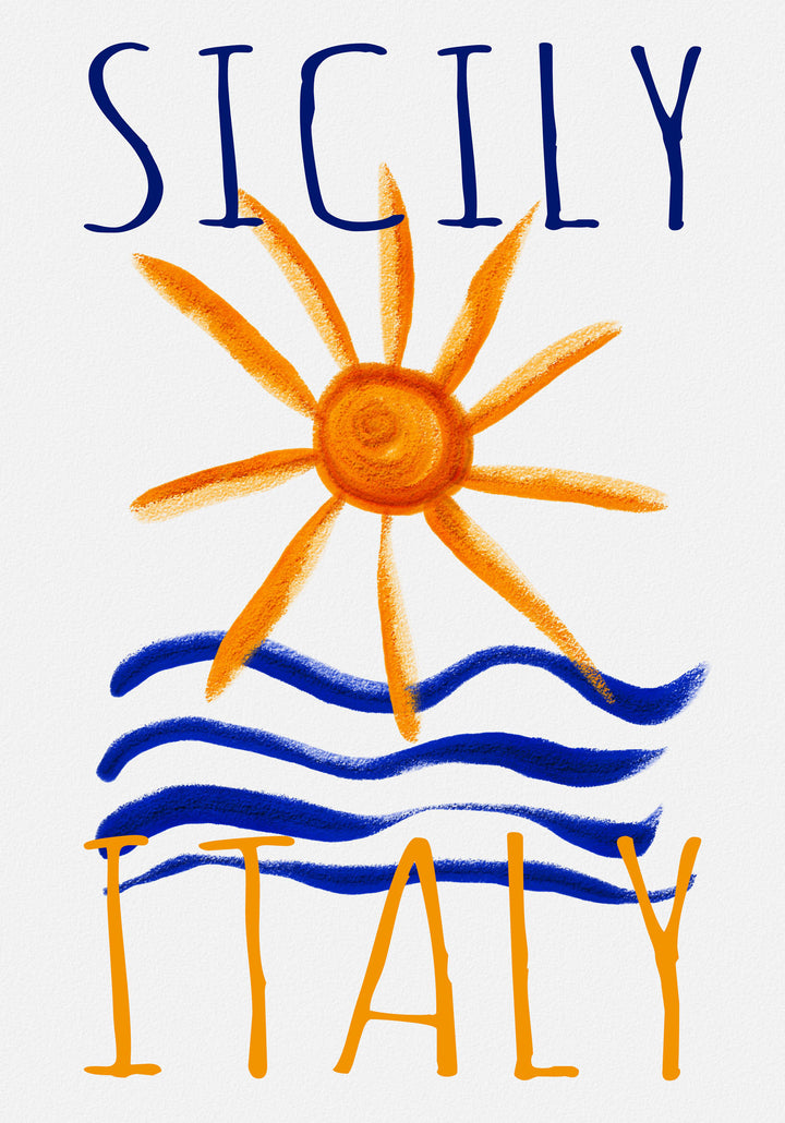 Wadi Home Sicily Italy Sun And Sea Poster with hand-drawn style, orange sun, blue waves, and bold text.