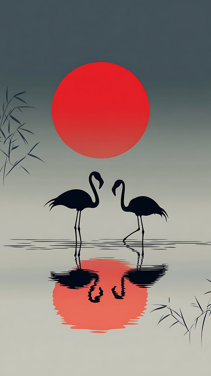 Wadi Home Flamingo Sunset Reflection Wall Art featuring two black flamingos silhouetted against a red sun reflected in water.