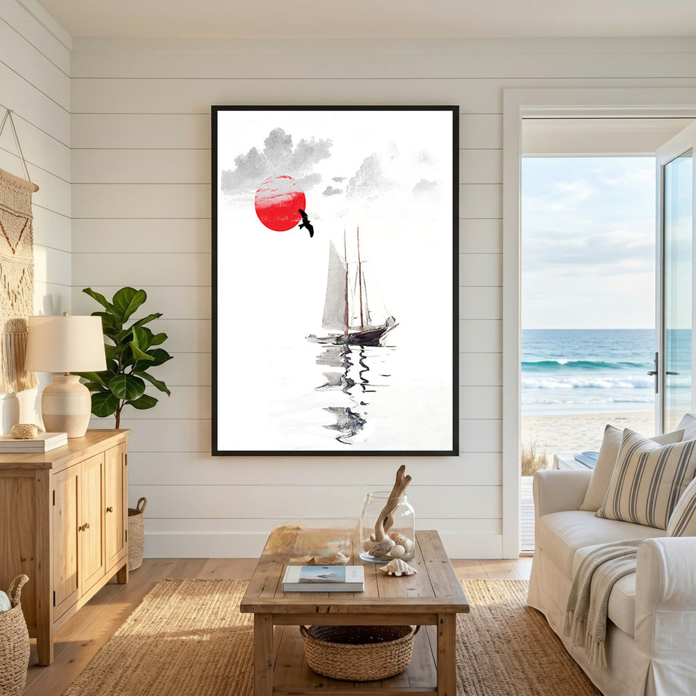Wadi Home sailboat wall art with red sun and reflection on water, minimalist coastal decor.