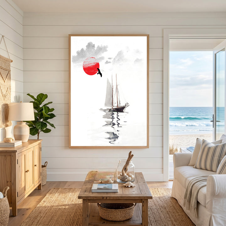 Wadi Home sailboat wall art with red sun and reflection on water, minimalist coastal decor.