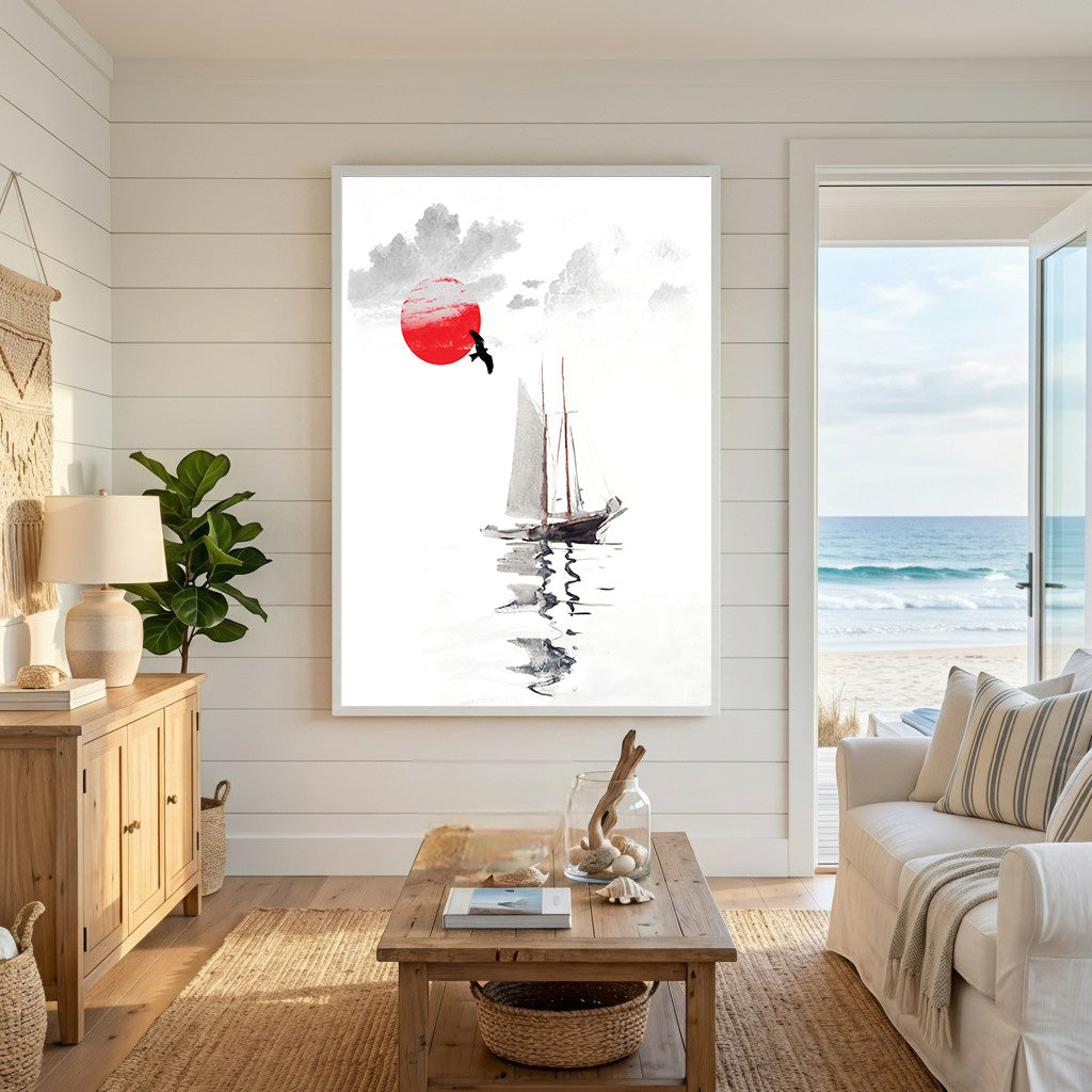 Wadi Home sailboat wall art with red sun and bird over water, minimalist coastal decor.