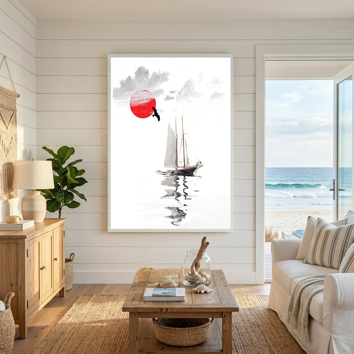 Wadi Home sailboat wall art with red sun and bird over water, minimalist coastal decor.