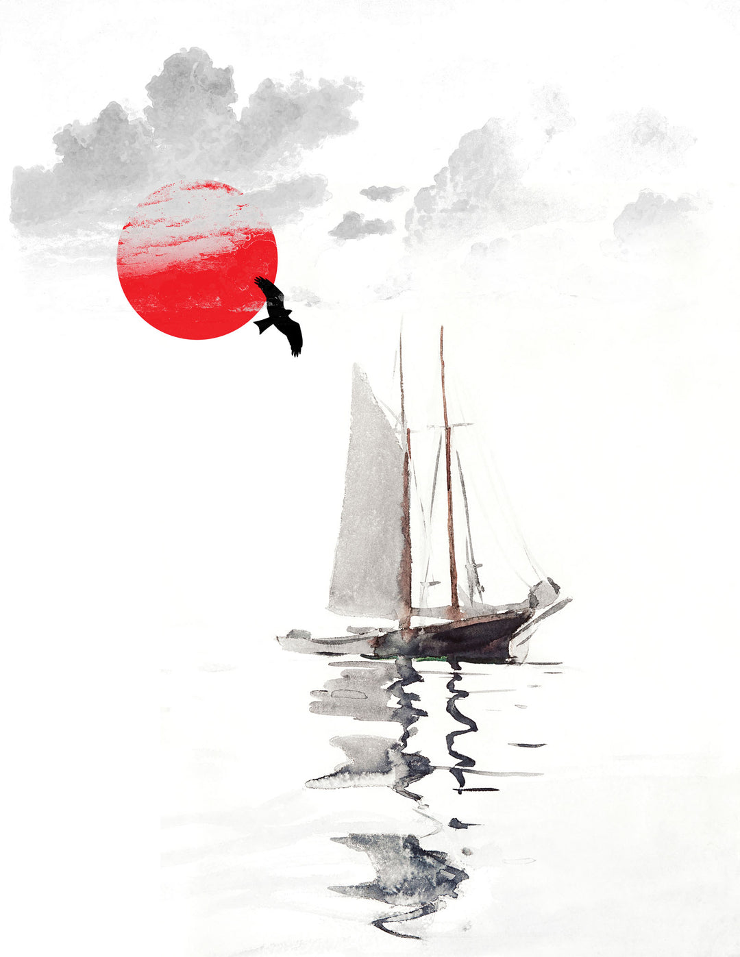 Wadi Home sailboat wall art with red sun and reflection on water. Minimalist canvas print.