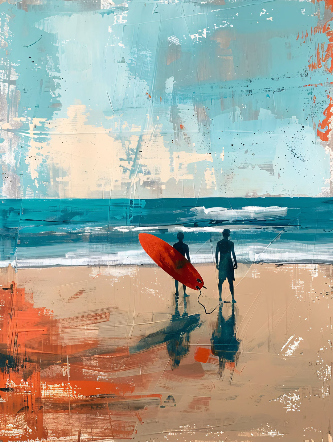 Wadi Home abstract art of two surfers on a beach, one with a red surfboard, in blues, beiges, and orange.