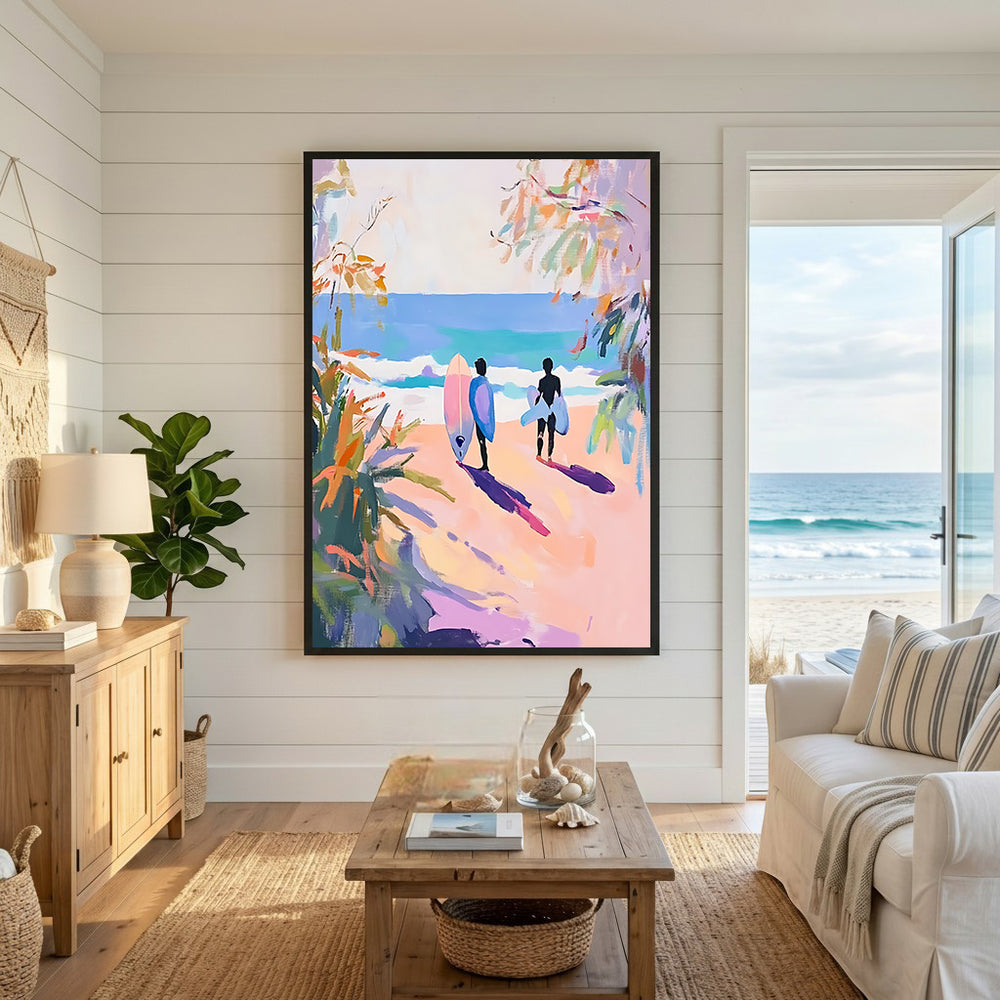 Wadi Home artwork of two surfers walking towards the ocean, carrying surfboards. Impressionistic style with pink, yellow, and blue hues.