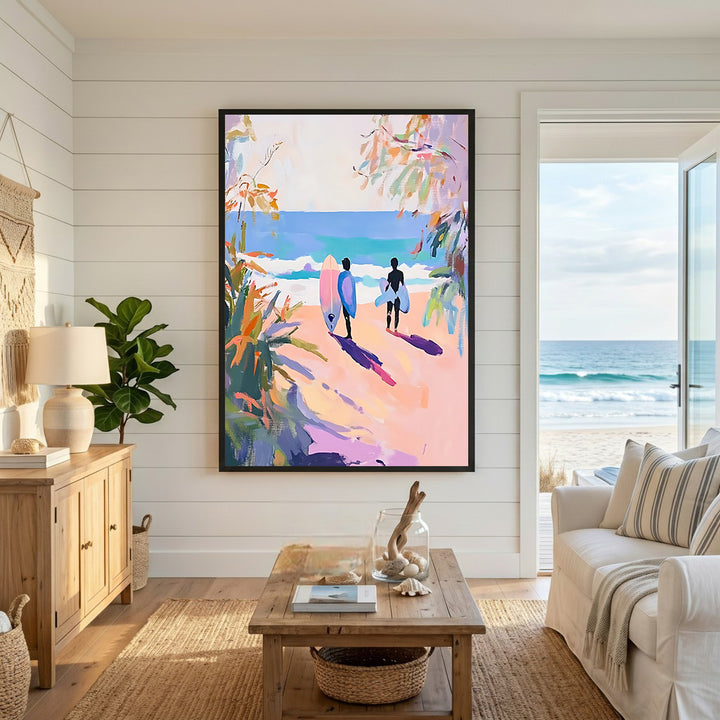 Wadi Home artwork of two surfers walking towards the ocean, carrying surfboards. Impressionistic style with pink, yellow, and blue hues.
