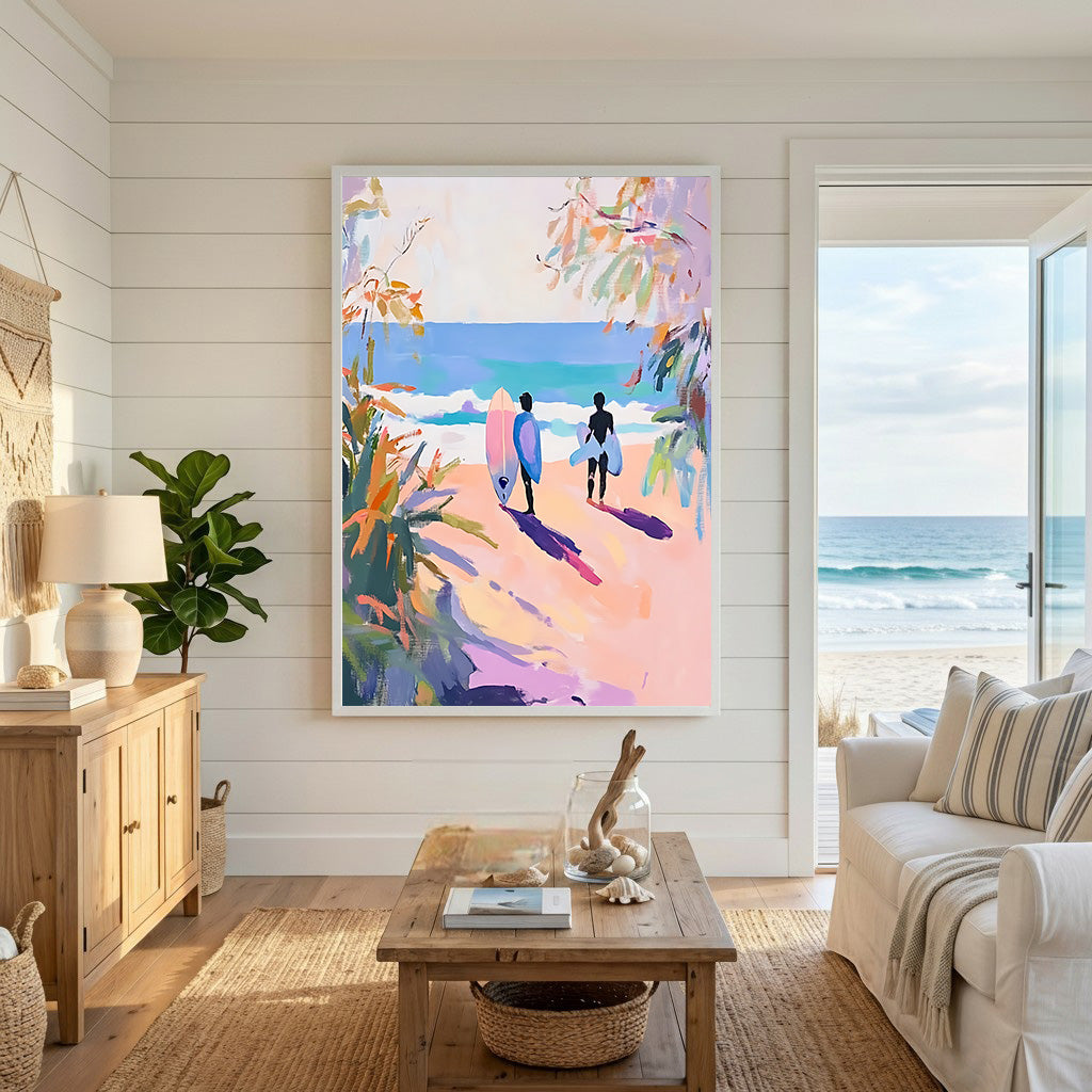 Wadi Home artwork: Two surfers walk towards the ocean on a beach with pink sand, carrying surfboards. Impressionistic style with vibrant pink, yellow, and blue colors.