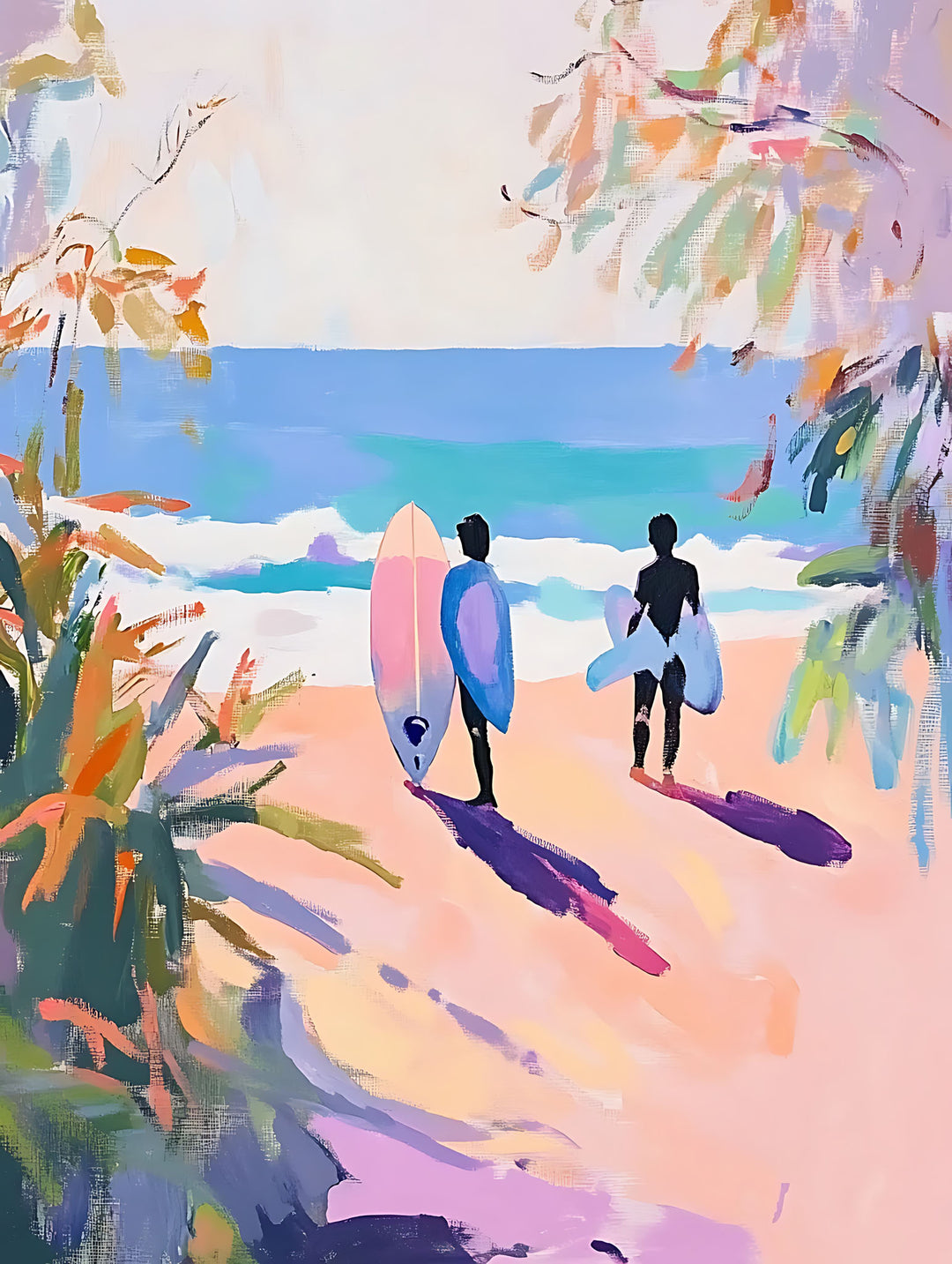 Wadi Home artwork: Two surfers with surfboards walk towards the ocean on a pink sandy beach, impressionistic style with pink, yellow, and blue hues.