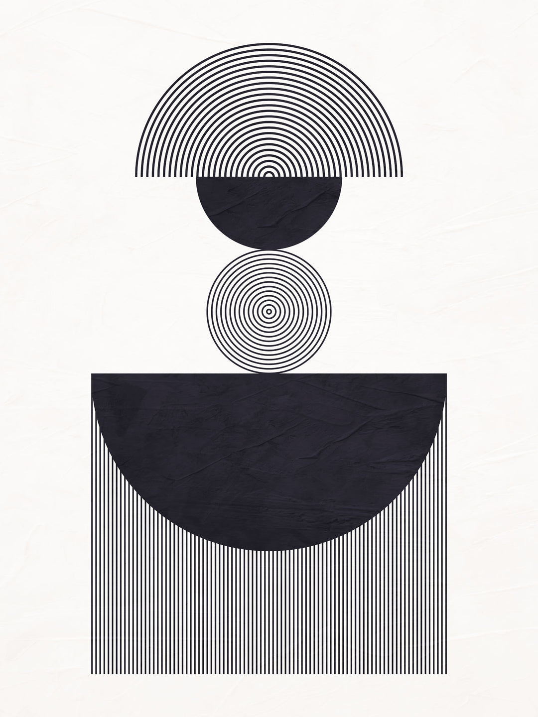 Wadi Home abstract geometric wall art with black and white shapes, circles, and lines. Modern minimalist design.