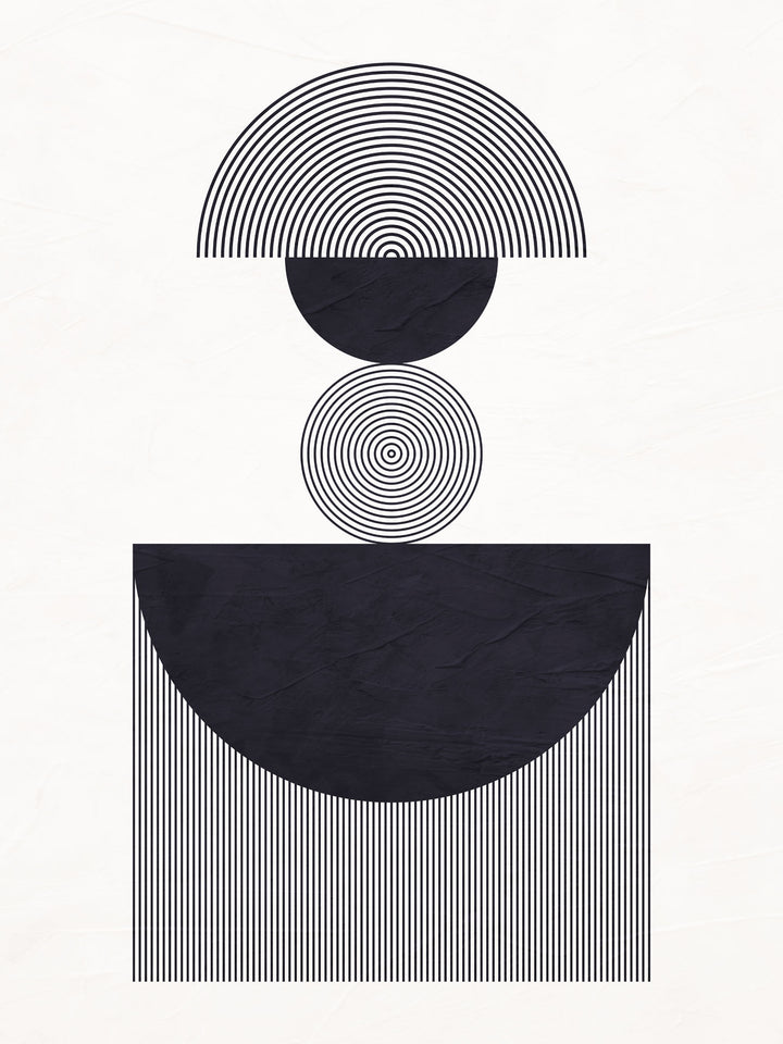 Wadi Home abstract geometric wall art with black and white shapes, circles, and lines. Modern minimalist design.