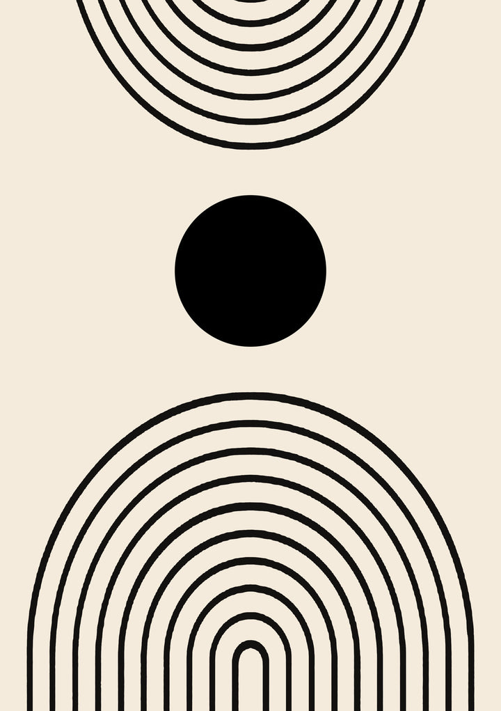 Wadi Home abstract geometric arch wall art with black lines on a cream background, featuring concentric arches and a central circle.