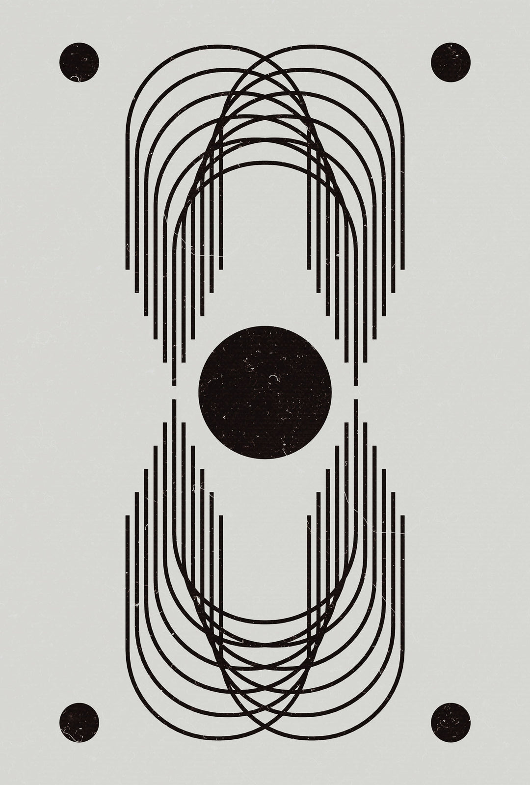 Wadi Home abstract geometric arch wall art in black and white, featuring symmetrical arches and a central circle.