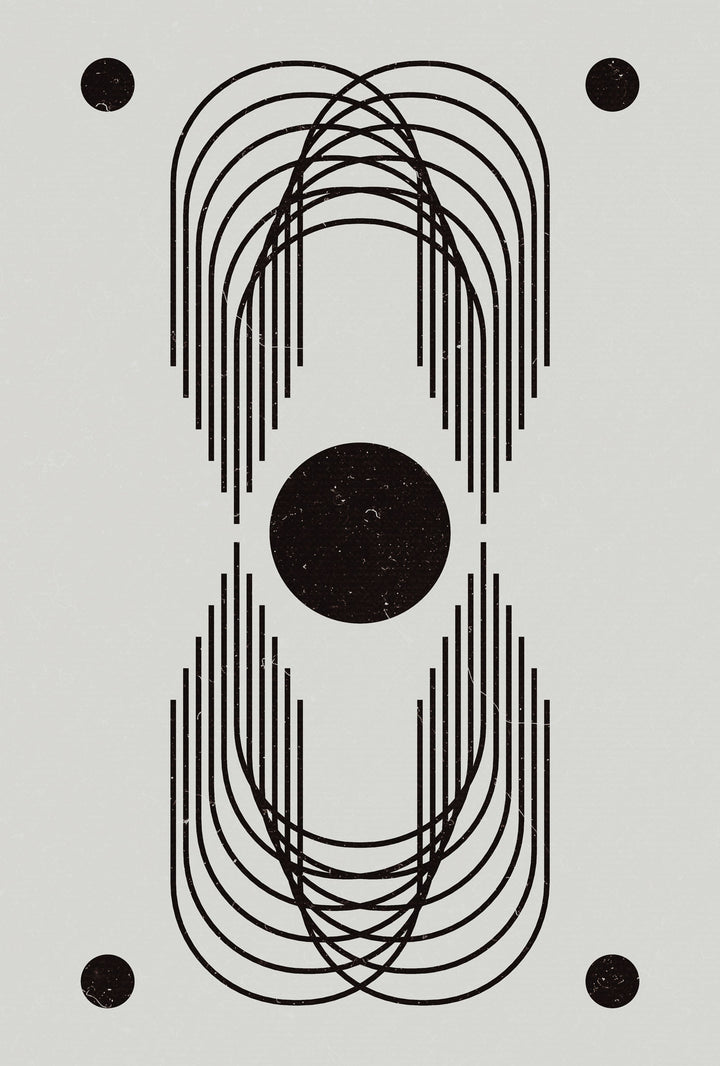 Wadi Home abstract geometric arch wall art in black and white, featuring symmetrical arches and a central circle.