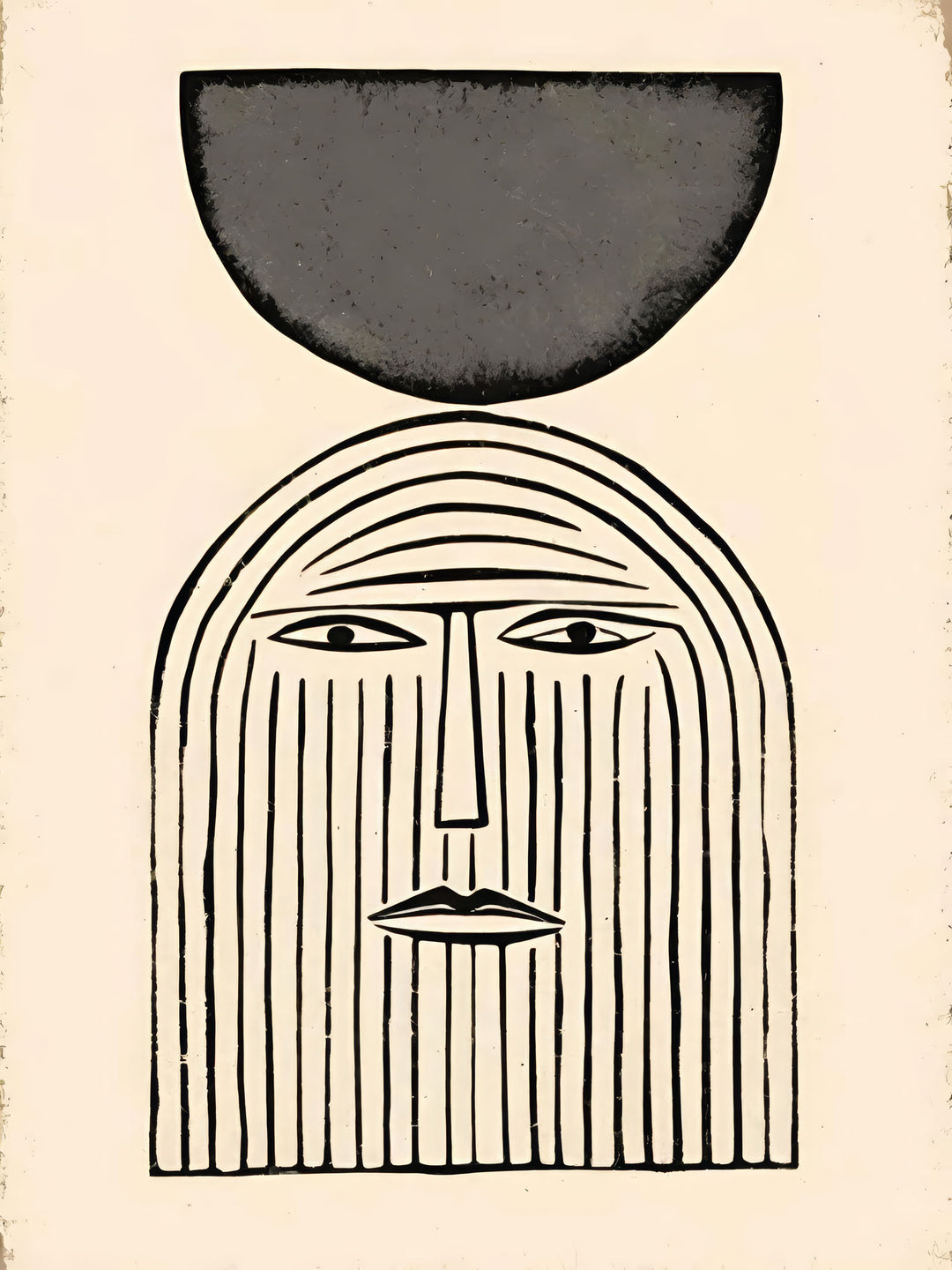 Wadi Home abstract wall art with minimalist face and geometric shape in black and cream.