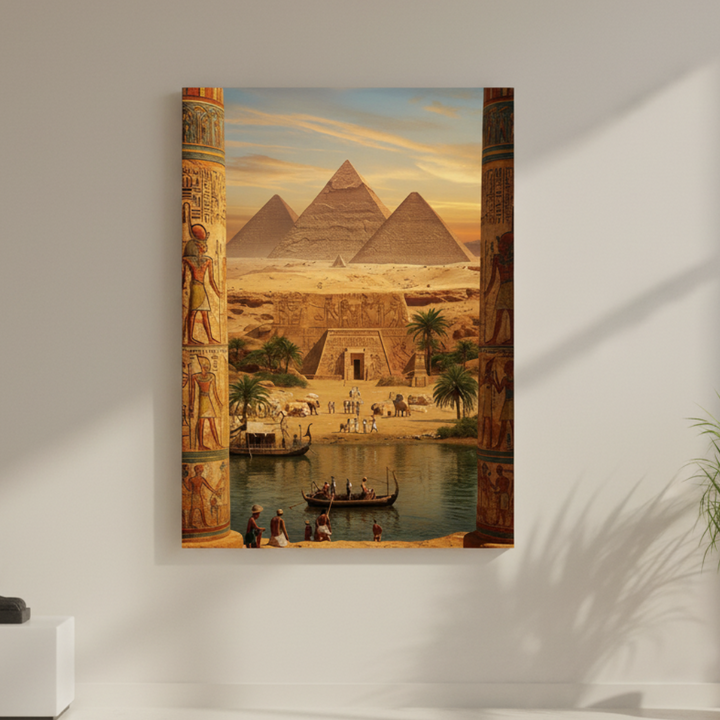 Ancient Egyptian pyramids overlooking Nile River with decorated columns and hieroglyphics canvas art