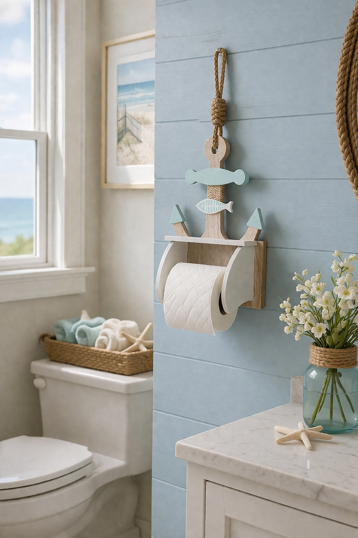 Anchor toilet paper holder shelf mounted on wall with space for storage