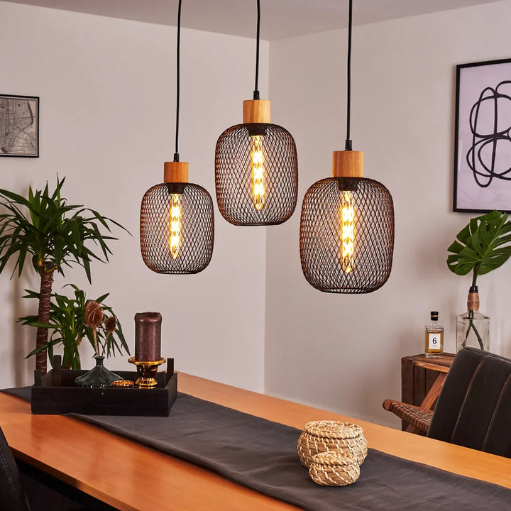 Industrial Mesh Pendant Light Trio with Wood Accents