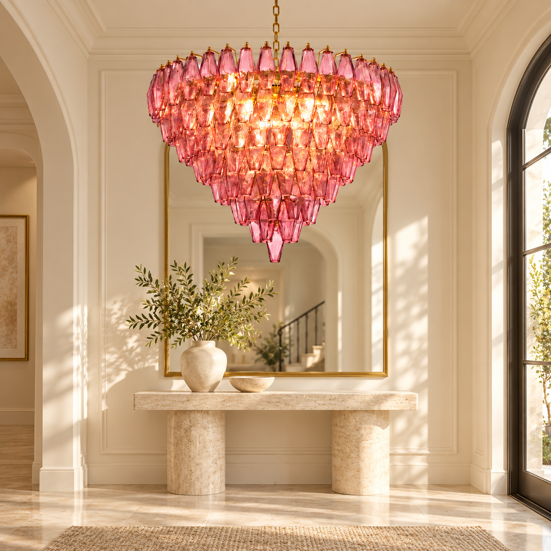 Pink Crystal Chandelier with Gold Finish