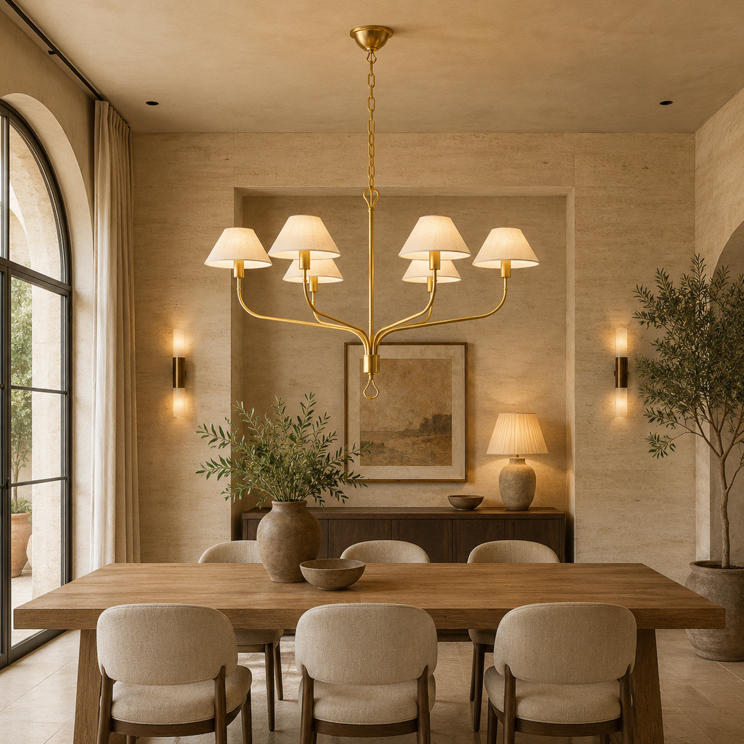 Traditional Gold & Black 6-Light Chandelier with Cream Fabric Shades