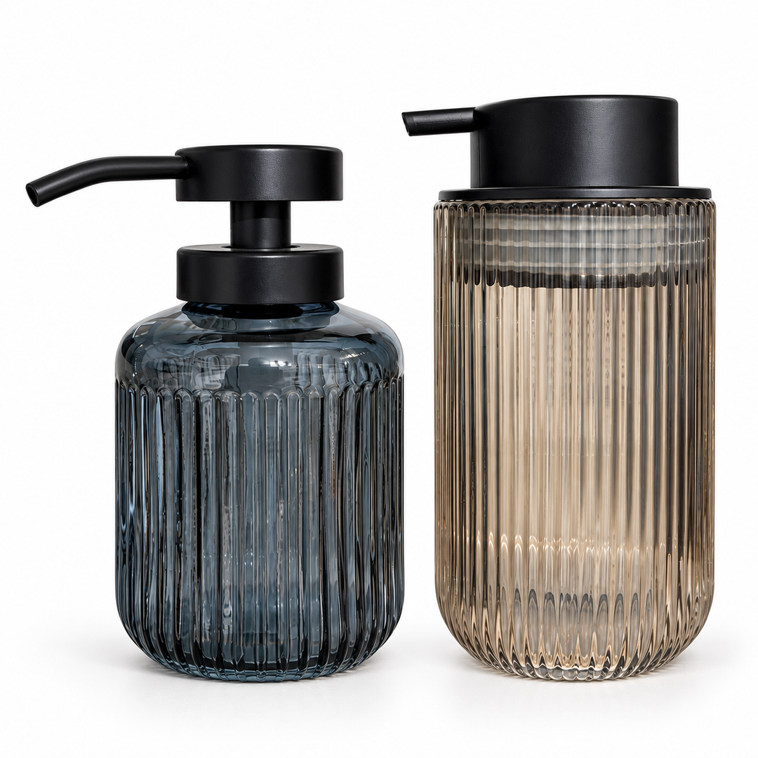 Ribbed Glass Bathroom Soap Dispenser Set  of 2“ Black & Amber