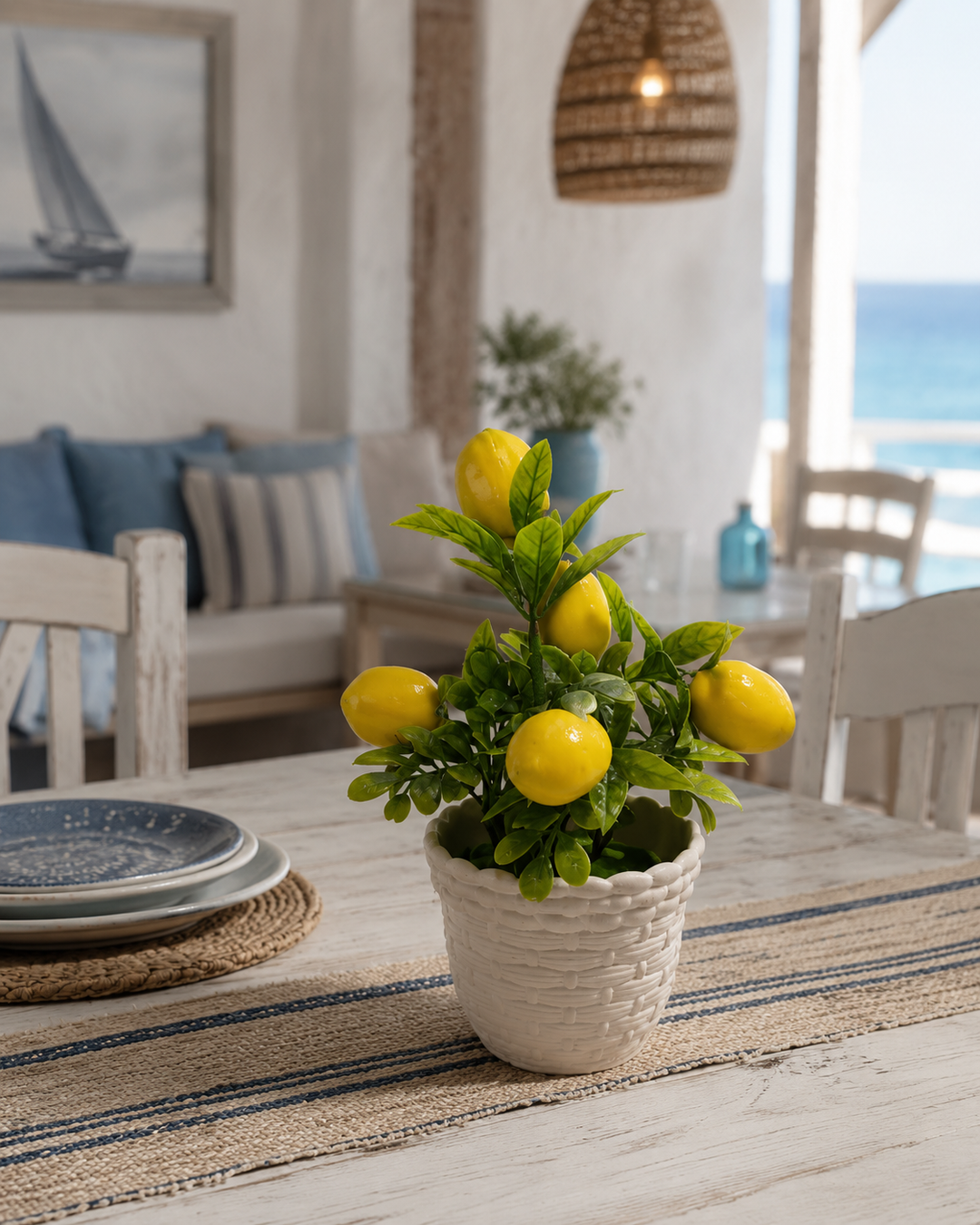 Artificial Lemon Tree in Ribbed White Ceramic Planter