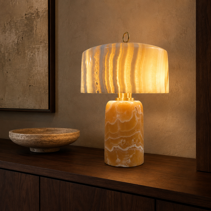 Modern Alabaster Table Lamp with Sculptural Stone Base