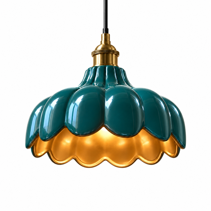 Glossy teal scalloped pendant light with a gold interior and brass-colored fitting
