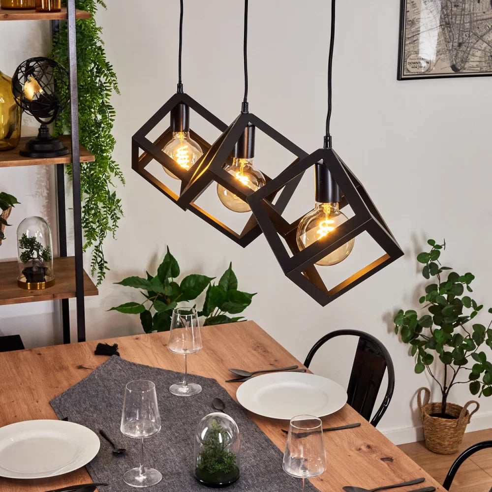 Modern Geometric Black Cube Pendant Light Trio