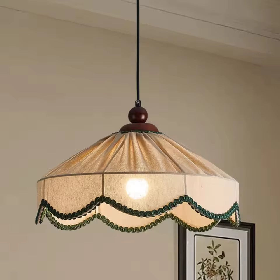 Vintage Cream Fabric Pendant Light with Beaded Trim