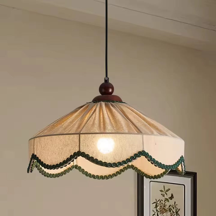 Vintage Cream Fabric Pendant Light with Beaded Trim