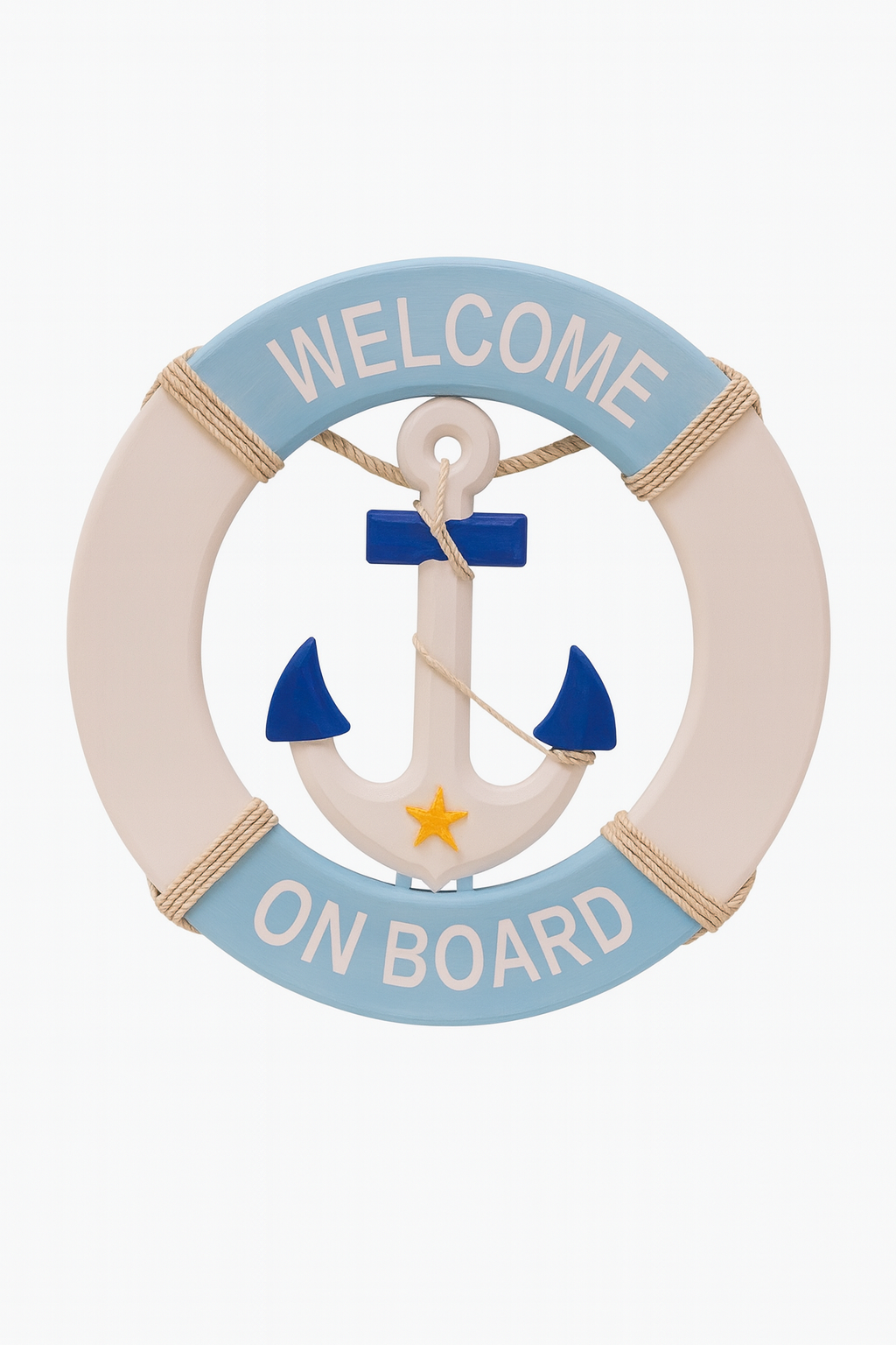 Nautical life ring wall decor with anchor and “Welcome On Board” text
