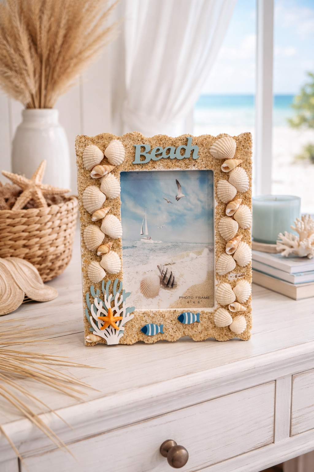 Beach photo frame decorated with seashells and beach elements