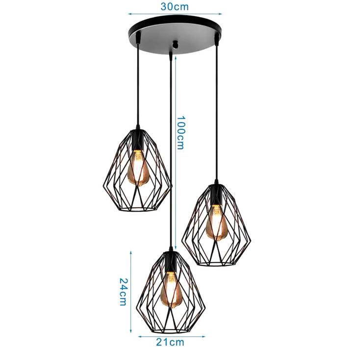 Industrial Triple Pendant Light with Geometric Shades