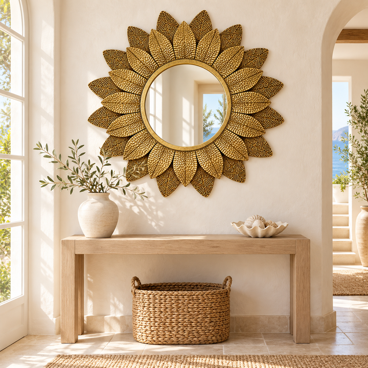 Gold Sunburst Metal Wall Mirror with Textured Leaf Frame