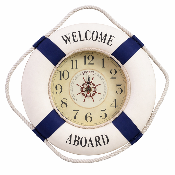 Welcome Aboard Nautical Clock lifebuoy wall clock with rope detailing and coastal design