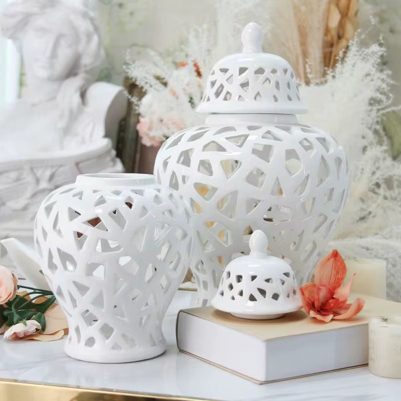 White Cutwork Ceramic Jars set of 2