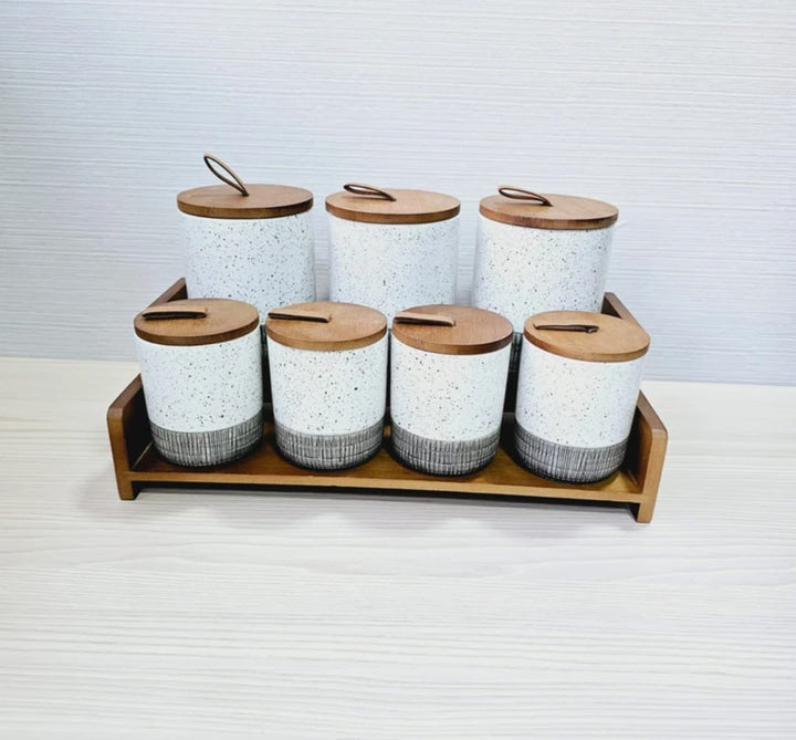 Ceramic Spice Jar Set with Wooden Tray