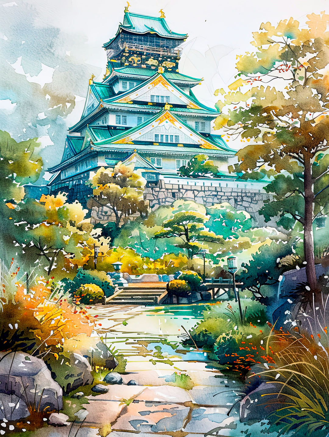 Wadi Home Japanese castle garden watercolor art print with lush greenery and stone path.