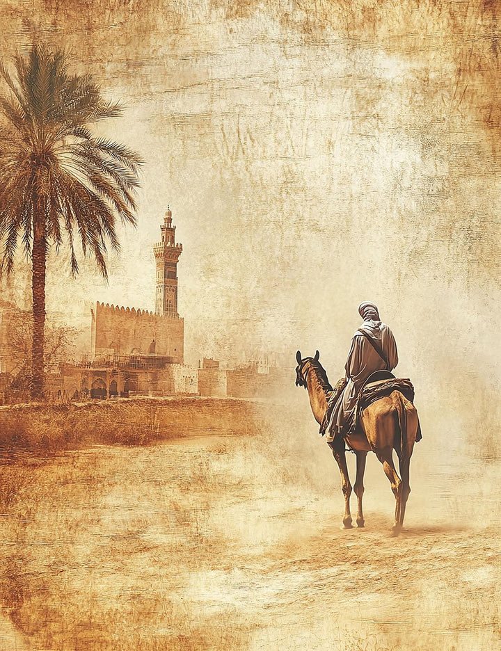 Wadi Home sepia-toned canvas art of a lone figure on horseback in a desert landscape with a palm tree and minaret.