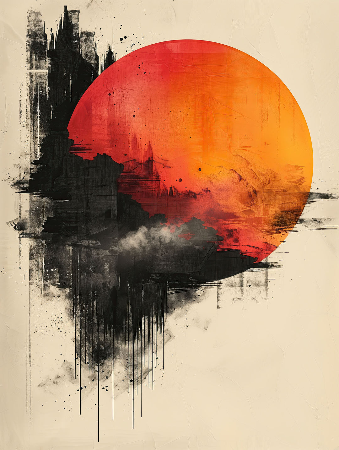 Wadi Home abstract sunburst wall art with fiery orange sun and black abstract background. Modern canvas art.
