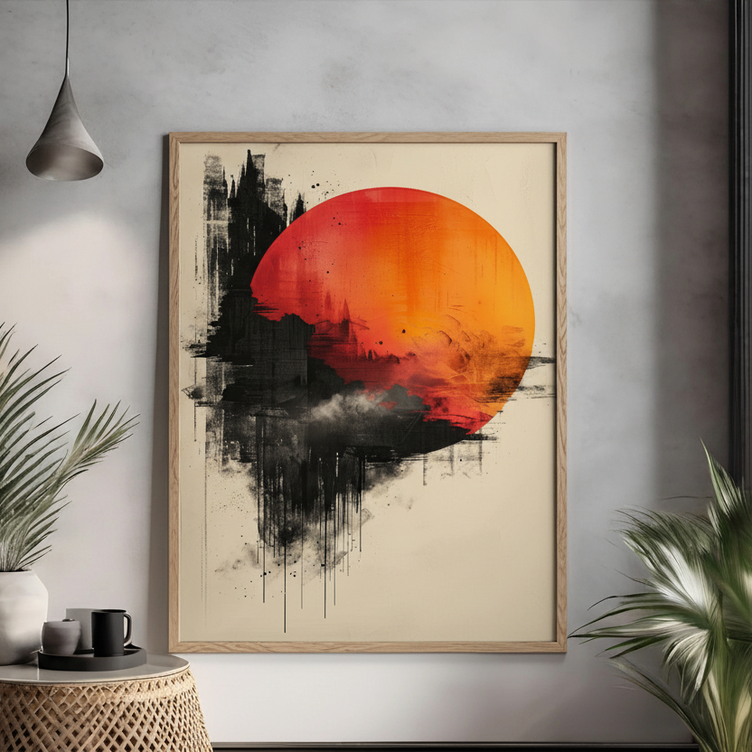 Abstract cityscape with bold orange sunset and black brush strokes