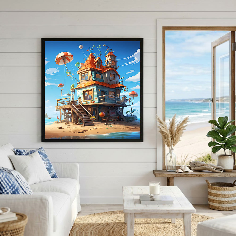 Wadi Home whimsical beach house artwork with orange roof, blue walls, umbrellas, and balloons on a sandy beach.