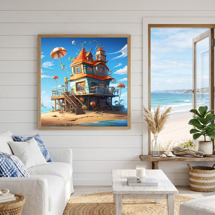 Wadi Home whimsical beach house artwork with colorful umbrellas and balloons on a bright blue sky.